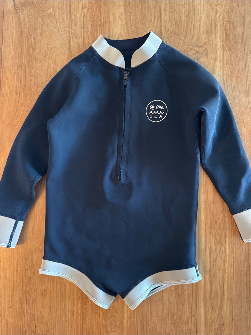 One Sea Navy Long-Sleeve Kids Swim Rashguard with Light Gray Trim